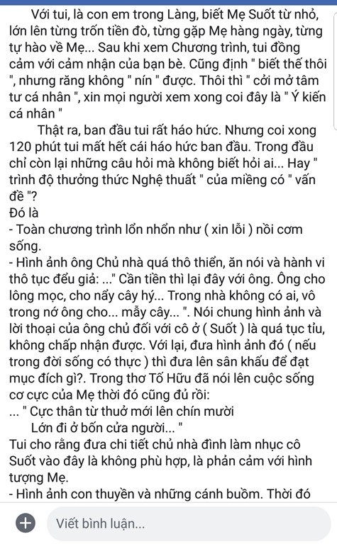 Nhìn từ chương trình nghệ thuật “Mẹ Suốt” – Nhà văn Nguyễn Quang Vinh nên cầu thị để đi lên