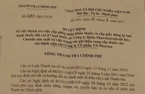 Công bố Quyết định thanh tra Bộ Y tế vụ VN Pharma