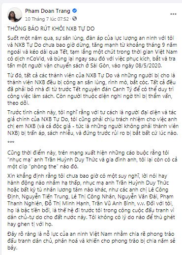 THẤY GÌ TỪ CHUYỆN ĐOAN TRANG RÚT TÊN KHỎI NXB TỰ DO?