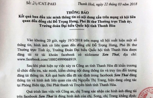 Công an Thanh Hóa chính thức bác tin đồn Phó Bí thư Thanh Hóa có “bồ nhí”