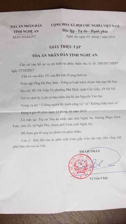 Ngày 15/1/2018: Xét xử phúc thẩm Nguyễn Văn Oai