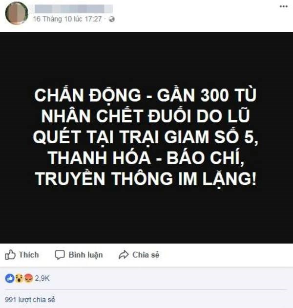 Bác thông tin “gần 300 tù nhân tại Thanh Hóa chết do lũ”