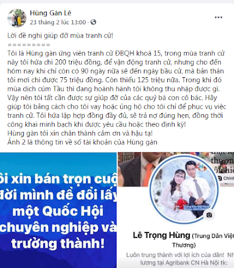 Lê Trọng Hùng xin tiền để tự ứng cử ĐBQH khóa XV