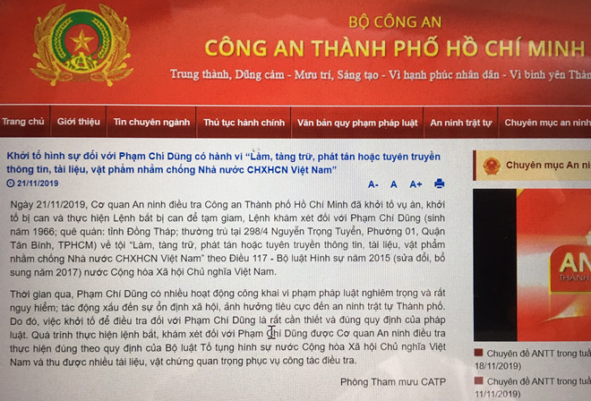 Cơ quan An ninh điều tra Công an TP.HCM bắt Phạm Chí Dũng