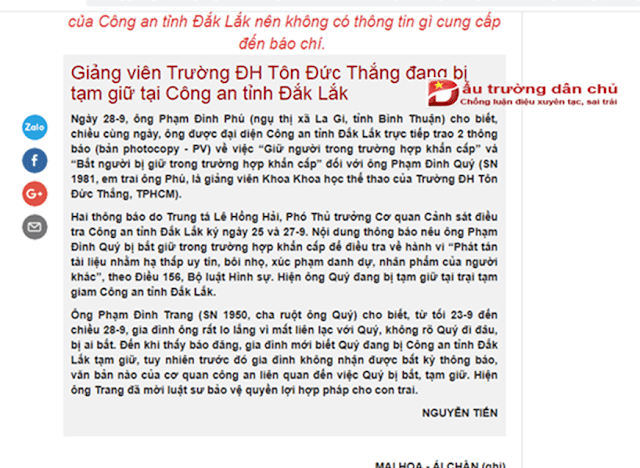 Lu loa sai sự thật và giấu nhẹm những thông báo của cơ quan điều tra Công an tỉnh Đắk Lắk về nghi can võ sư Phạm Đình Quý