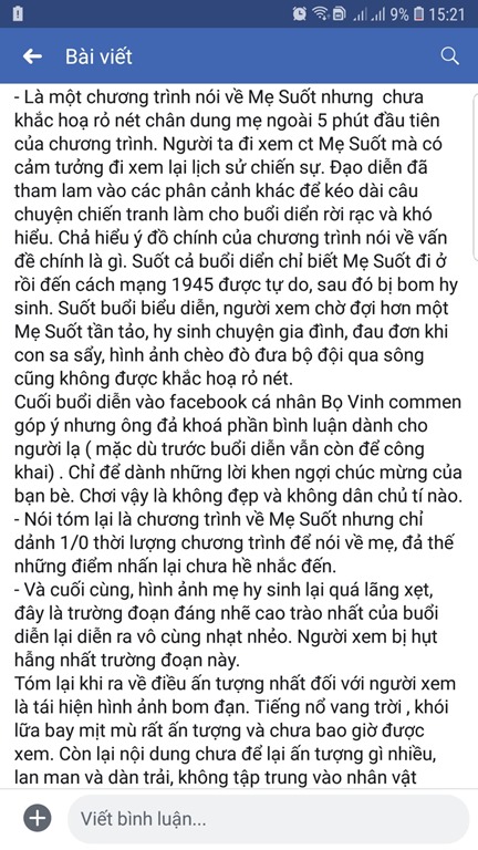 Nhìn từ chương trình nghệ thuật “Mẹ Suốt” – Nhà văn Nguyễn Quang Vinh nên cầu thị để đi lên