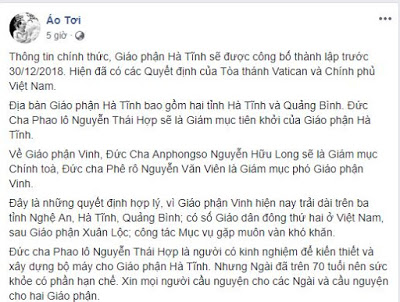 Giám mục Nguyễn Thái Hợp sẽ làm Giám mục tiên khởi Giáo phận Hà Tĩnh?