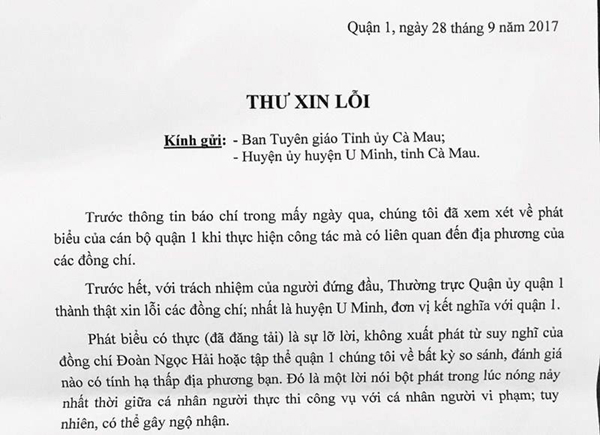 Quận 1 xin lỗi Cà Mau về phát ngôn của ông Đoàn Ngọc Hải