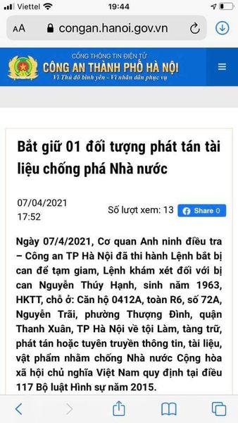 Tin vui cuối ngày: Tên phản động Nguyễn Thuý Hạnh chủ quỹ 50k đã bị bắt