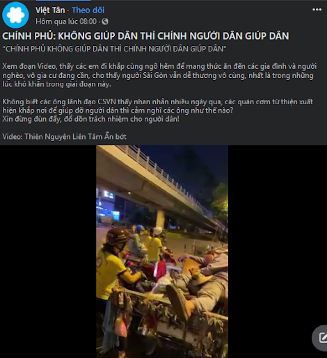 Fanpage Việt Tân ca ngợi nhóm từ thiện vừa tặng quà cứu trợ cho công an