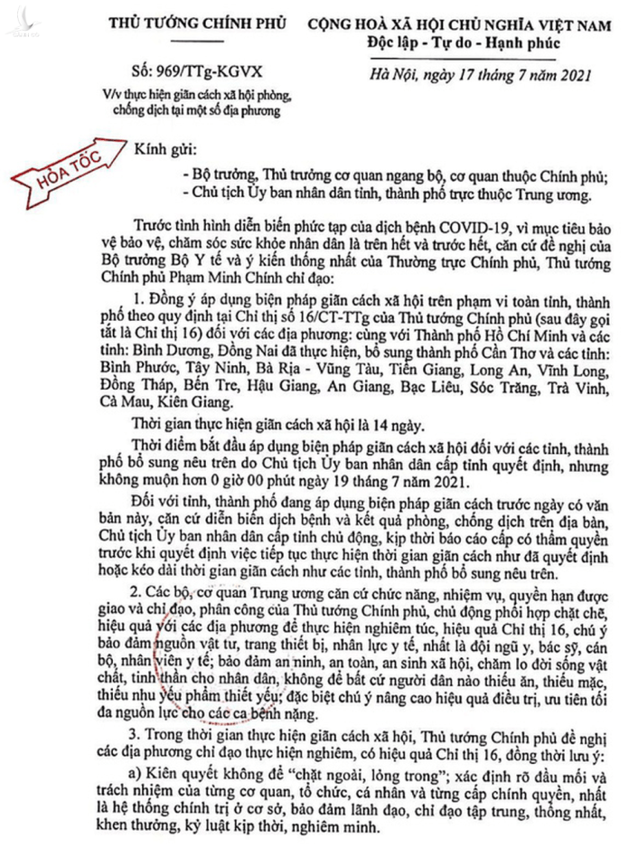 Thủ tướng đồng ý áp dụng Chỉ thị 16 đối với 16 tỉnh thành phía Nam từ 0h ngày 19-7