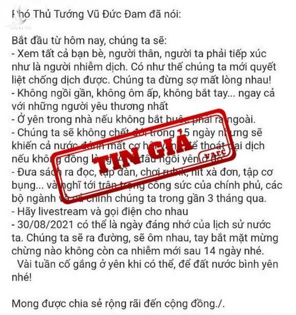 Xuất hiện thông tin giả mạo, xuyên tạc phát ngôn của Phó Thủ tướng Vũ Đức Đam