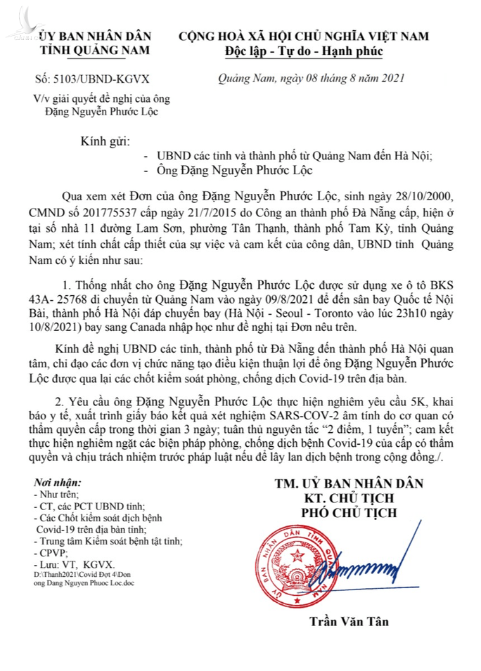 Quảng Nam thông tin việc cấp giấy cho Bí thư Tam Kỳ chở con ra Hà Nội để đi du học